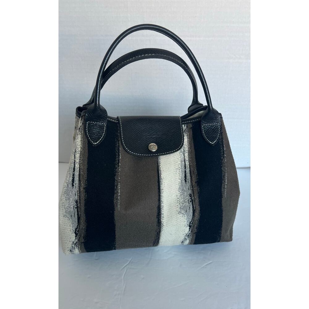 Longchamp Striped Canvas Hobo Bag in Black, White, Brown